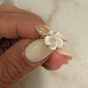 Melinda Maria plumeria mother of Pearl Flower Ring with Crystal Accent ear cuff